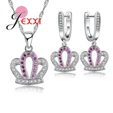 JEXXI Royal Estilo de La Princesa de La Corona Colgante de Collar Y Aretes de Joyería de Moda de Cadena Larga de Plata Precio de Fábrica de Hotsale