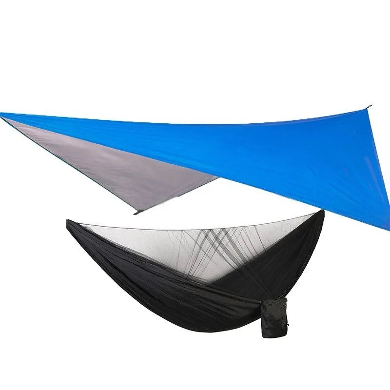 1 комплект сетки гамак+ навес палатка для кемпинга на открытом воздухе портативный без комаров дождь муха брезент парашют качели кровать Водонепроницаемый - Цвет: blue black