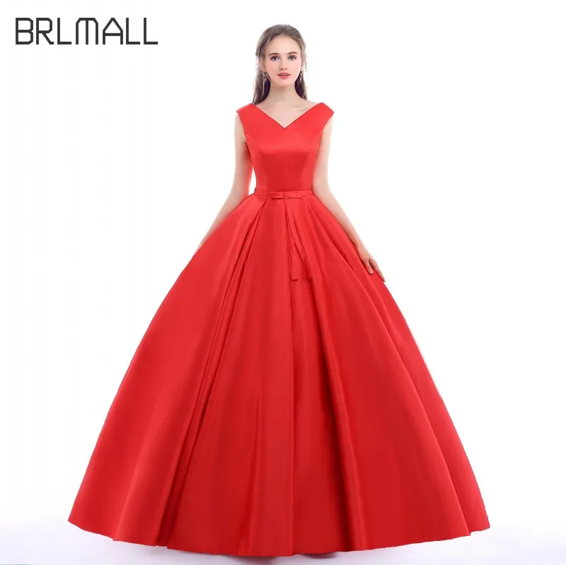 BRLMALL Simple Sleeveless Red A Line Prom Dresses Party Gown Crew Bow Satin Sweep Train Evening Formal Dress robe de soiree | Свадьбы и