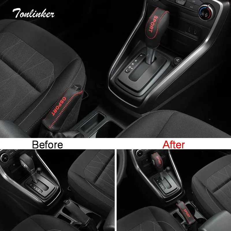 

Tonlinker Cover Case Stickers for Ford Ecosport 2018 Car Styling 2 PCS PU Leather The Gear Shift Collars Interior cover stickers