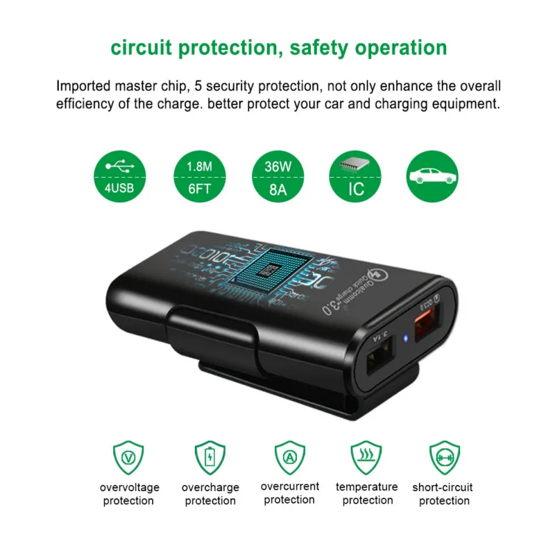 سريعة QC3.0 شاحن سيارة 2.4A + 3.1A 4 USB ميناء مع 5.6ft تمديد الحبل كابل ل عودة مقعد تهمة مع كليب iphone هاتف ذكي
