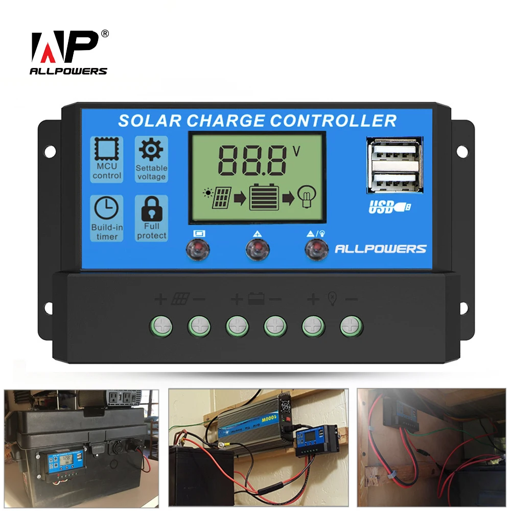 ALLPOWERS солнечная панель инвертор 20A 12V 24V регулятор с ЖК дисплеем Улучшенный чип