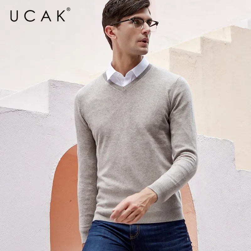 UCAK брендовый свитер мужской классический v-образный вырез Pull Homme чистая мериносовая шерсть пуловер мужской осень зима толстый теплый кашемировый свитер U3014 - Цвет: Хаки