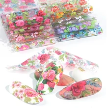 10 шт Голографическая фольга для ногтей с цветами, переводная наклейка в виде листьев розы, Летние обертывания для украшения ногтей, клеящиеся слайдеры, набор LE798-B