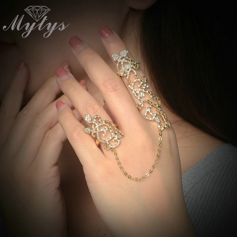 Mytys Yellow Gold Crystal Beaded Two Finger Rings Thumb & Index Finger Connected 2 Fingers Ring