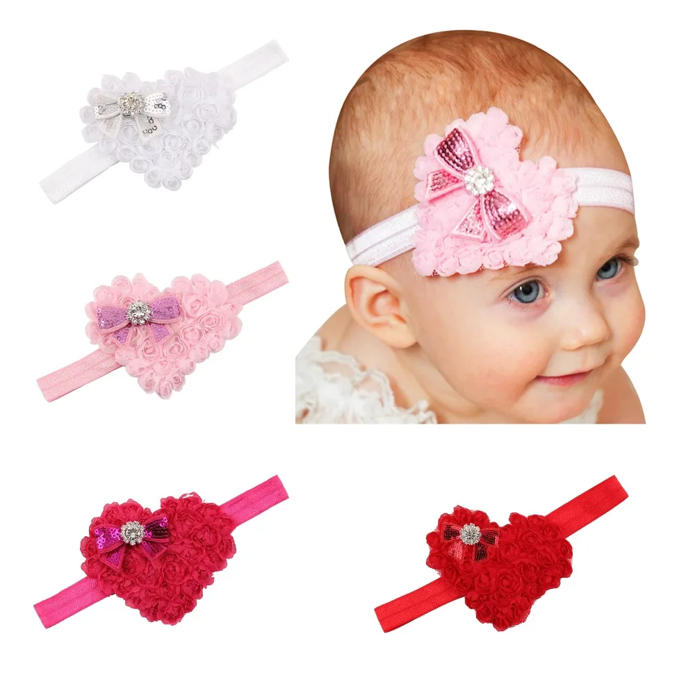 4PCS 4" Valentine Love Rose Flower Headbands with Bow Rhinestone Hair