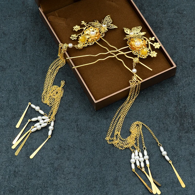 

China Style Gold Retro Floral Crown Bridal Earring Sets Jewelry Rhinestone Tiaras Head Crowns Wedding Hair Crown Headpiece Set