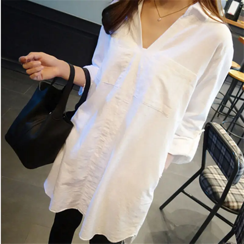 

2018 pregnant women spring Korean loose large long shirt long sleeve V collar white shirt casual wild breastfeeding shirt