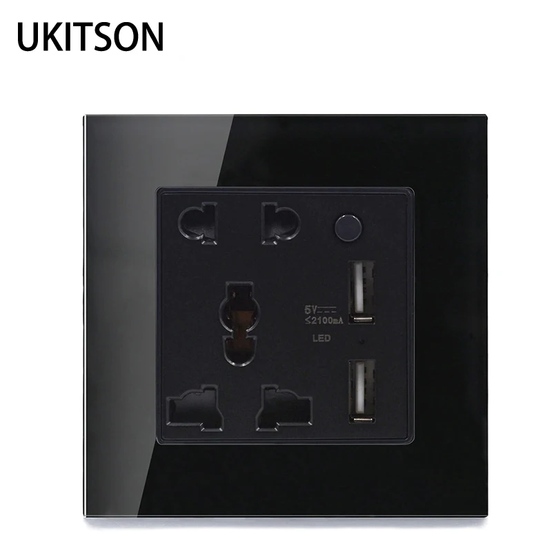 

EU Standard Power Socket Black Crystal Glass Panel AC110~250V 10A Wall Electric Outlet With Dual USB Charge Port