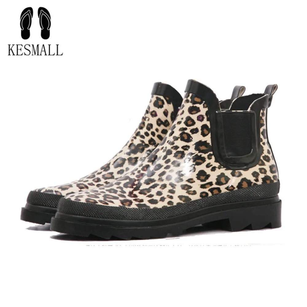 KESMALL PVC Ankle Rain Boots Women Female Waterproof Leopard Print