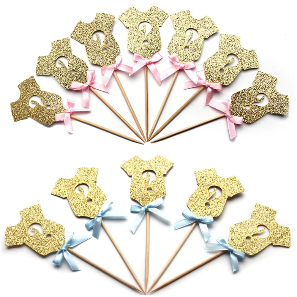 

24pcs Gender Reveal Party Decors Gold Onesie Question Mark Cupcake Toppers Baby Shower Party Favor