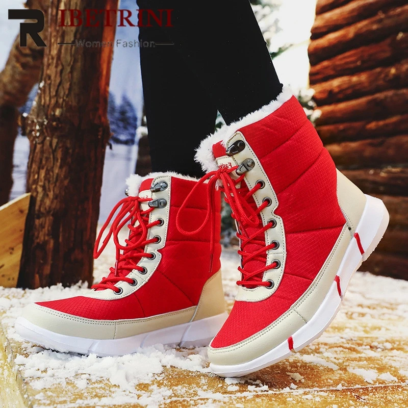 

RIBETRINI New Snow Boots Flat With Lace Up Waterproof Shoes Woman Casual women's Winter Warm Fur Ankle Boots Big Size 35-48