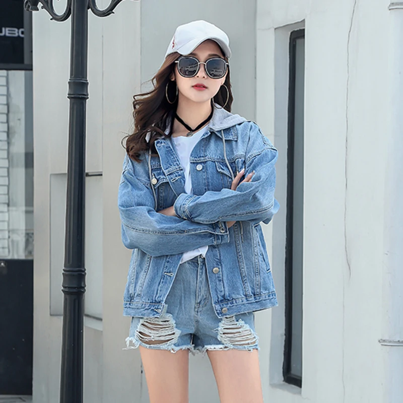 Base Automne De Haute Femme Manteau Survêtement Casual Amovible Vestes Denim Qualité Vintage Jean Chapeau Streetwear Femmes Bleu Veste wqpqB7X