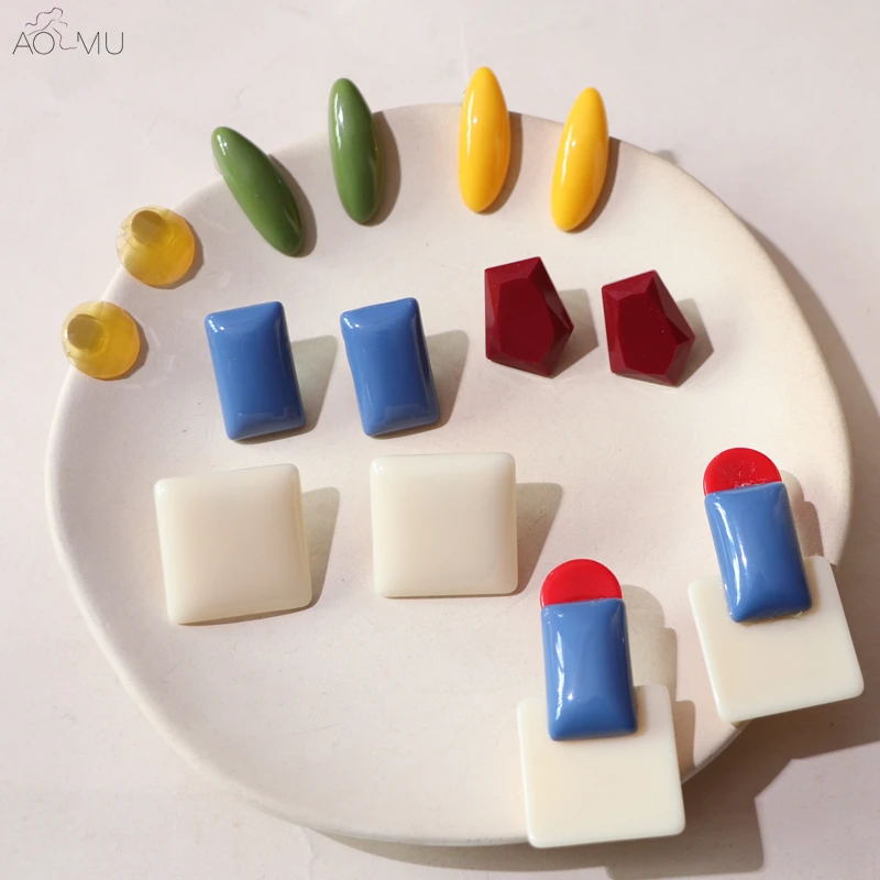 

AOMU Design Colorful Acrylic Geometric Irregular Oval Polygon Square Stud Earrings for Women Girl Party Jewelry