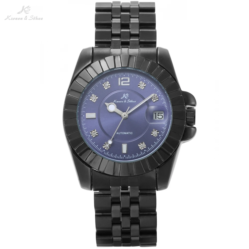 

KS Automatic Imperial Black Blue Dial Rhinestone Analog Date Display Steel Band Men Erkek Kol Saati Mechanical Wristwatch/KS316