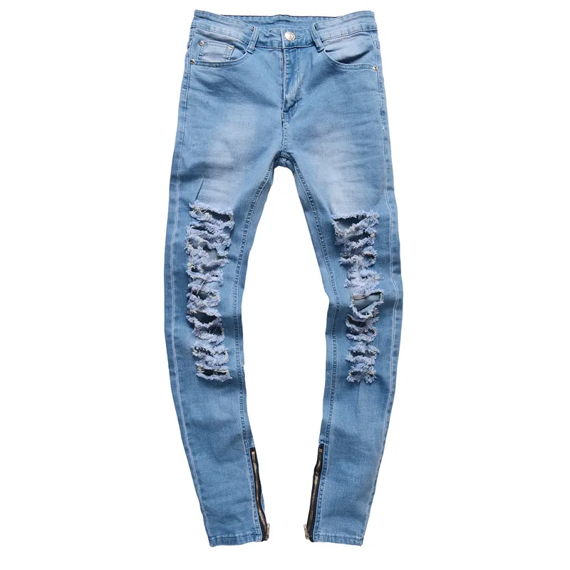 

2018 Men'S Skinny Slim Fit Light Blue Straight Ripped Jeans Destroyed Distressed Zipper Stretch Knee Patch Denim Pants Jeans