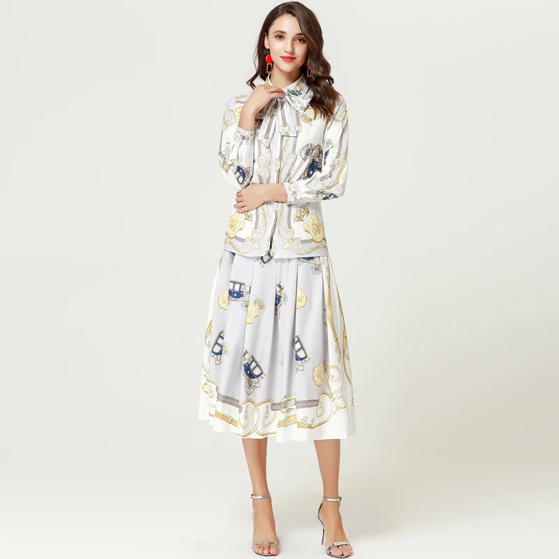 automne Imprimer Femmes Shirts Arc veau Piste Pièces Printemps Designer Ensemble Deux Multi Col Haute Vintage Mi Qualité De Blouses Jupe Ensembles vxIB4qwT6