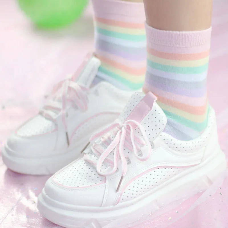 Радужные цветные носки для женщин и девочек, милые японские хлопковые носки с мороженым, Харадзюку, кавайные носки, удобные красивые носки