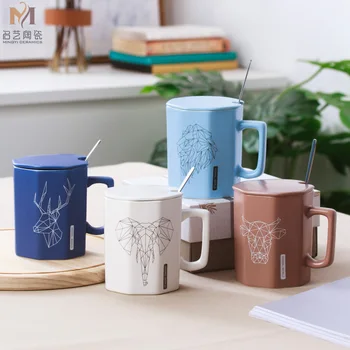 

Concise Polygon Animal Line Marc Cup Northern Europe Geometry Pattern Cup Ceramics Cup Bring Cover Bring Spoon