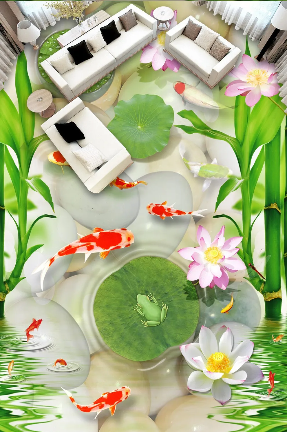 Free Shipping Goldfish cobblestones bamboo lotus leaf frog 3D floor wear non-slip restaurant lobby bedroom study flooring mural Free Shipping Goldfish cobblestones bamboo lotus leaf frog 3D floor wear non-slip restaurant lobby bedroom study flooring mural