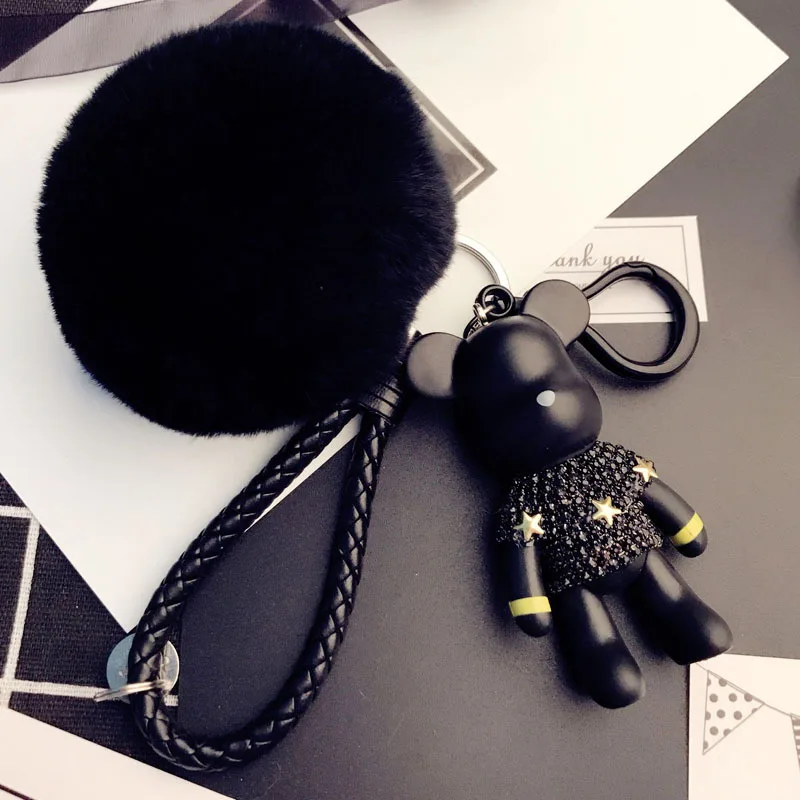 

Bomgom Rabbit Fur ball Pompom Keychain Cartoon Inlay Rhinestones Popobe Gloomy Bear Car Key Chain Holder Cartoon Keyring Pendant