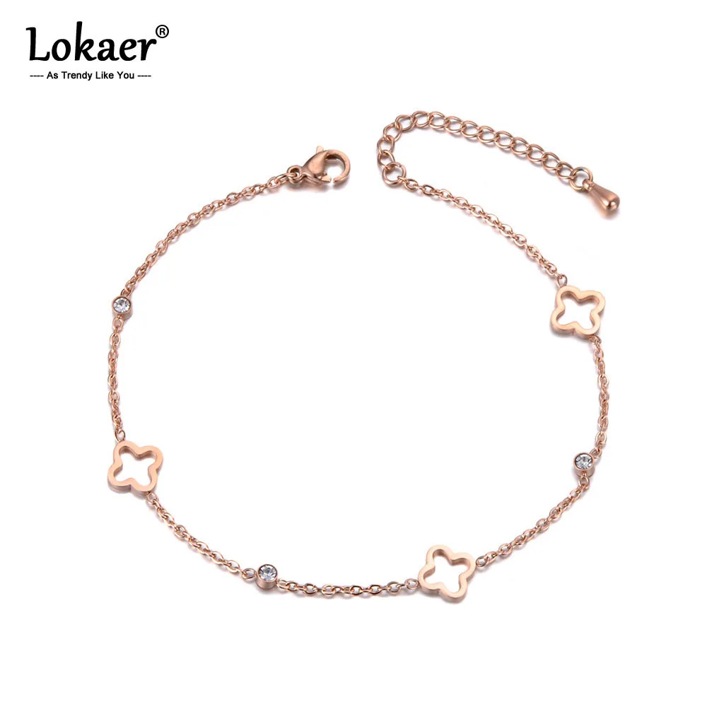 

Lokaer Bohemia Rose Gold Beach Anklet Jewelry Stainless Steel Four-leaf Flower & CZ Crystal Chain Link Anklets For Women A19010