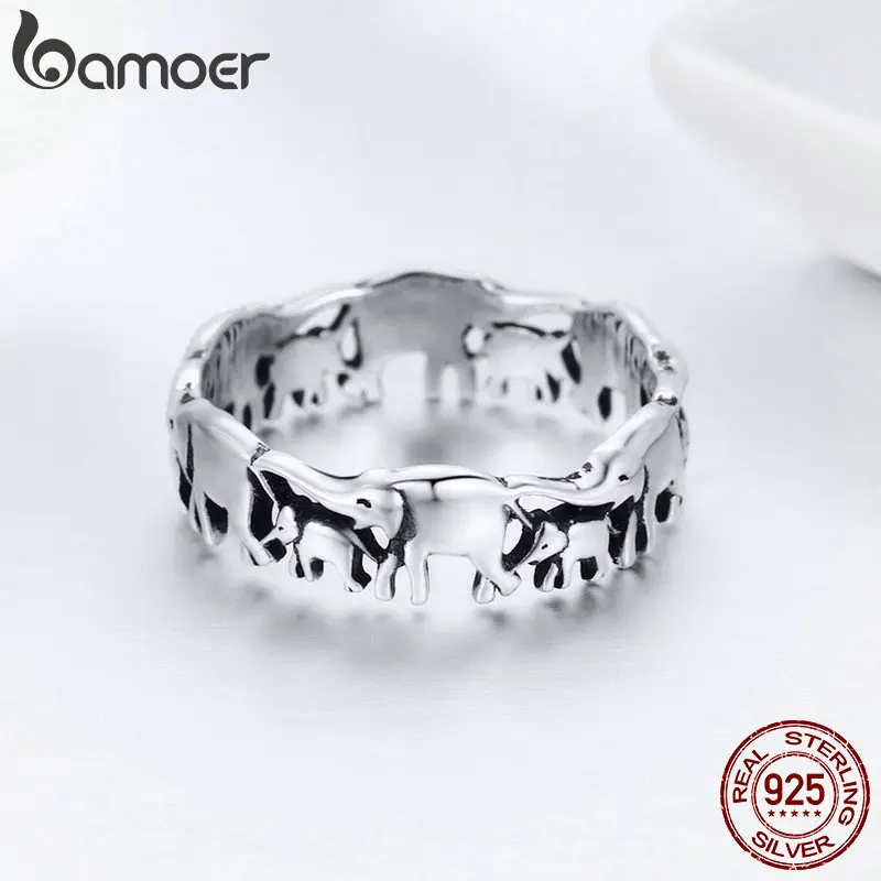 BAMOER Trendy 100% 925 Sterling Silver Stackable Animal Collection Elephant Family Finger Rings for Women Silver Jewelry SCR344
