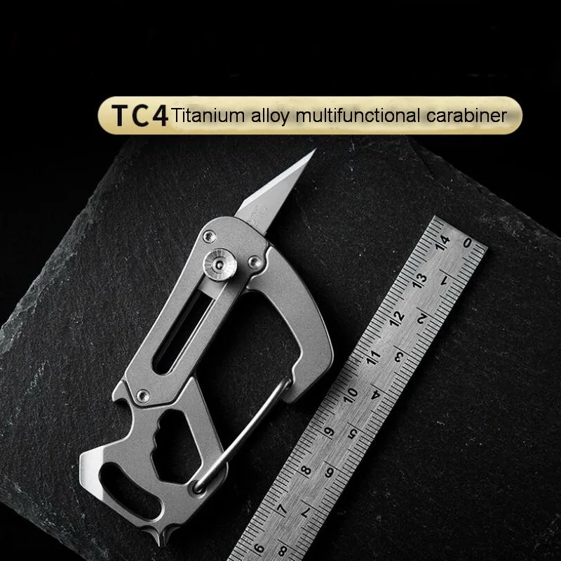 

Titanium outdoor multi-function EDC tool. Carry-on keychain hang buckle, screwdriver, wrench, bottle opener, utility knife.