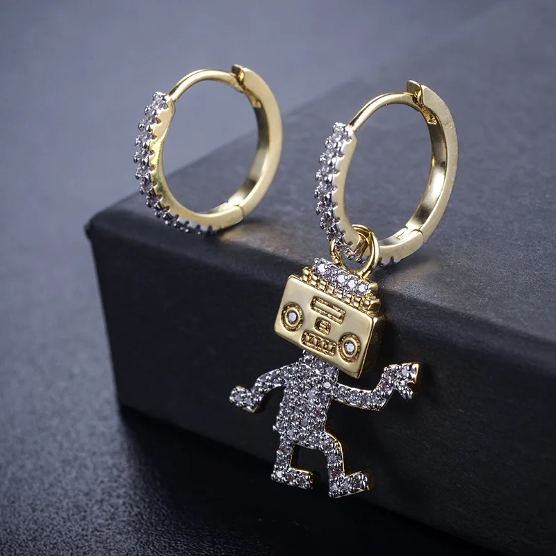 

Personality gold color micro inlaid zircon robot earrings fashion creative asymmetric woman earrings