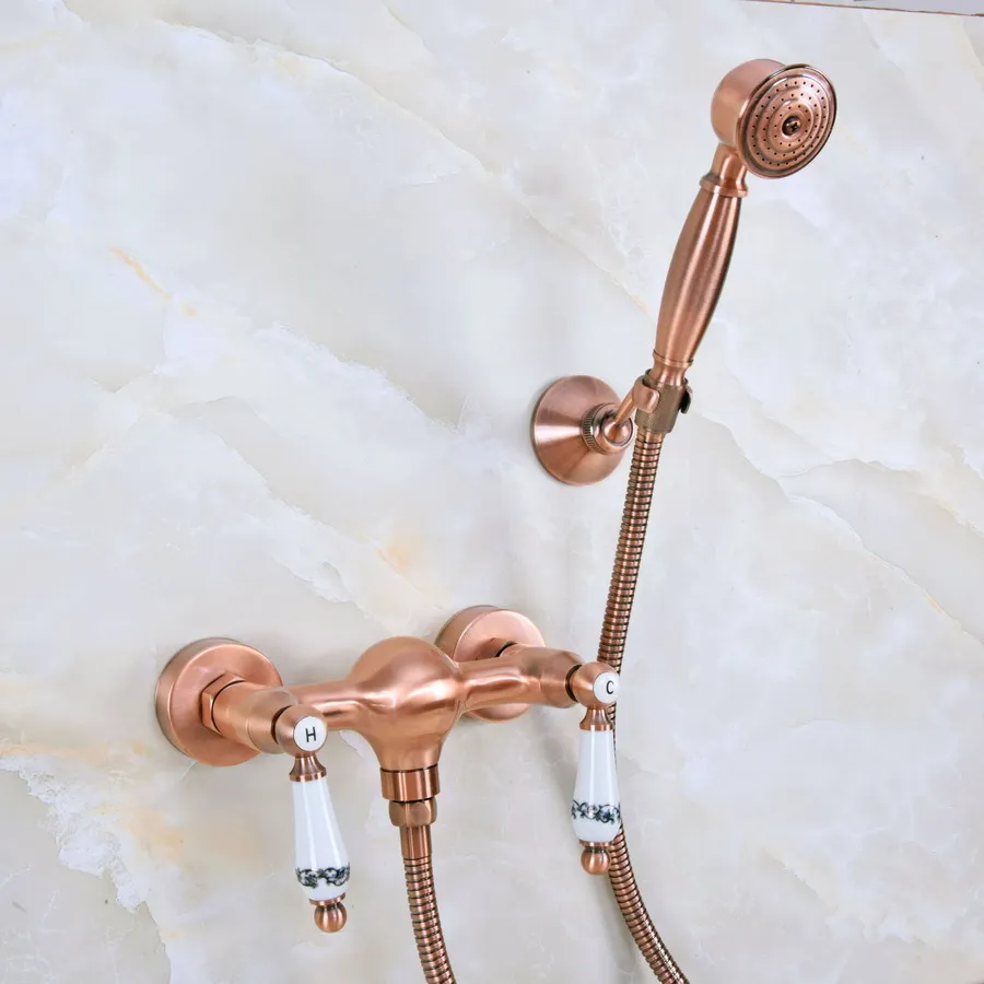 

Antique Red Copper Brass Double Ceramic Handles Wall Mounted Bathroom Shower Faucet Mixer Tap Telephone Style Hand Shower ana300