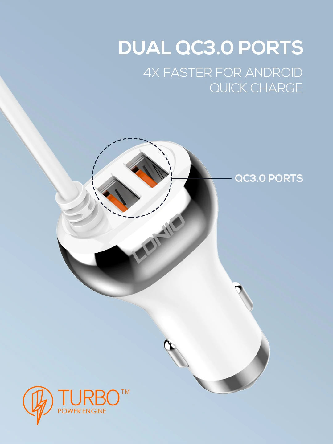 LDNIO C504 Dual QC3.0 Fast Car Charger With 3 Slot Socket Adapter description image 3
