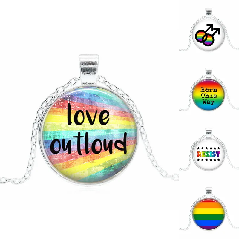 

2018 Love Gay Pride Rainbow Necklace with Silver Color Glass Cabochon Pendant Necklace Lesbian Resist Jewelry