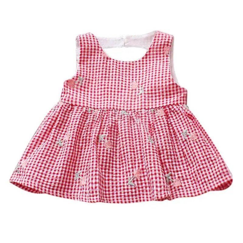 

Sweet Checked Girls Baby Vest Dresses Sleeveless Embroidered Flower Clothes