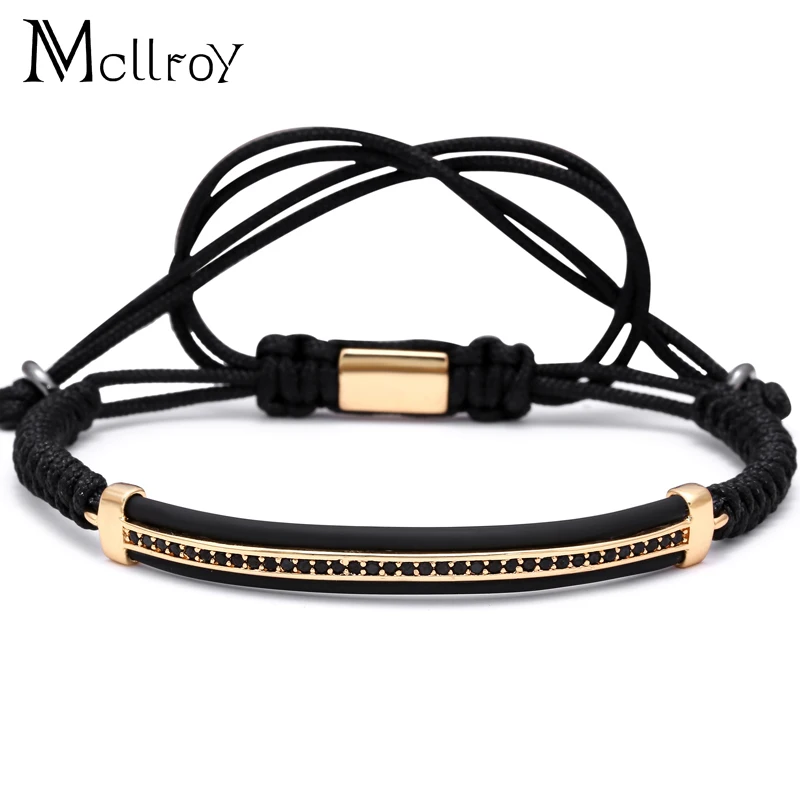 Mcllroy bangle bracelets men cuff with black rubber men bangles bracelet bar pulseira & CZ Micro Paved Bijoux Men Jewelry
