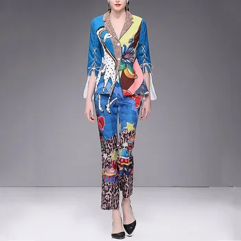 

Spring Autumn European American Design Cartoon Two Pieces Set Print Jacket Slim Trousers Fashion Runway Twin Sets