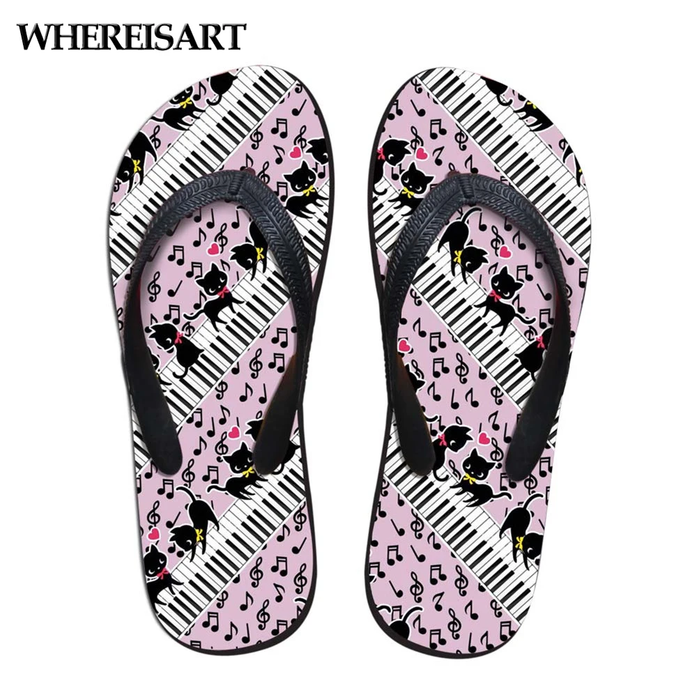

WHEREISART Summer Women Flip Flops Flats Cute Animal Cat with Piano Music Note Printed Ladies Beach Water Slippers Home Sandals