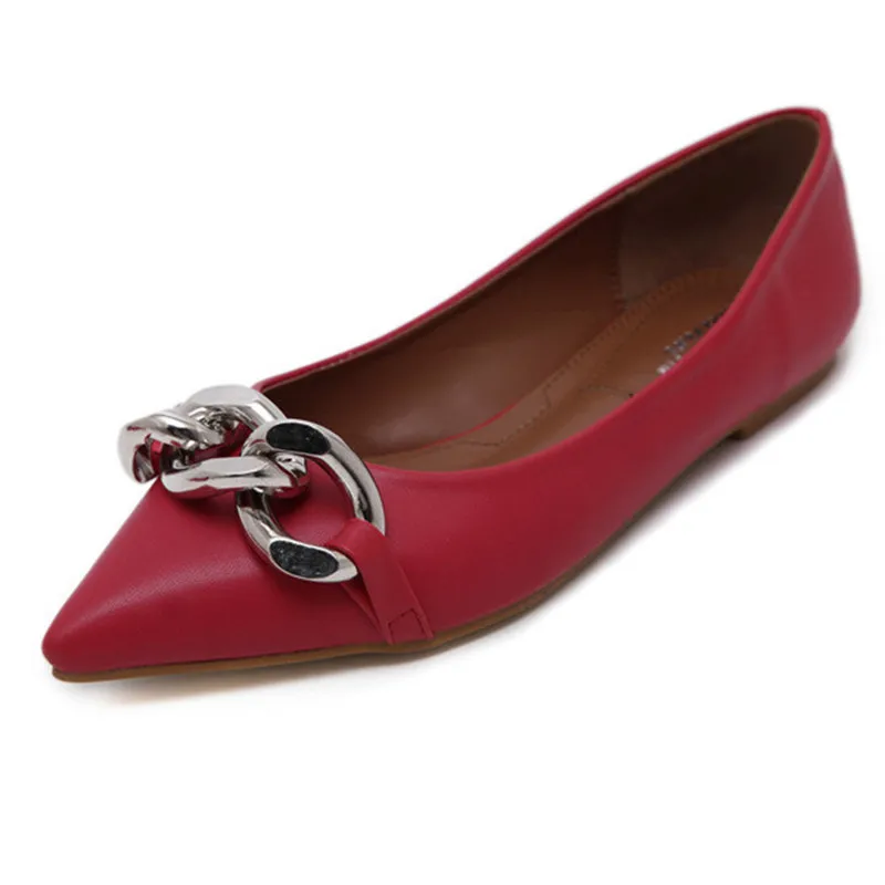 

2016 Autumn Chains Sweet Women Flat Shoes Sexy Pointed Toe Leather Shoes Woman Metal Casual Shoes For Women