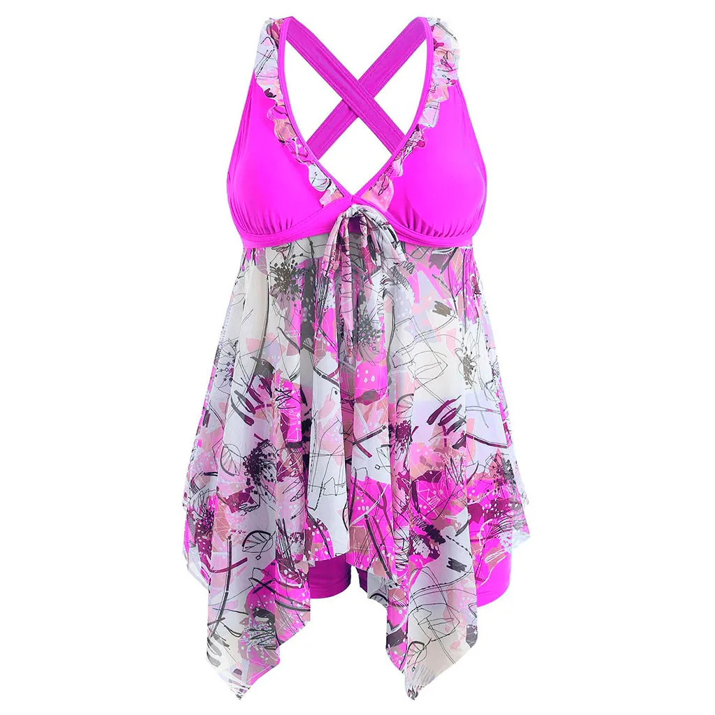 

Women Slim Smart Bright Conservative Irregular Print Halter Add Fertilizer Padded Swimwear 2019 Tankini Plus Two Piece Swimsuit