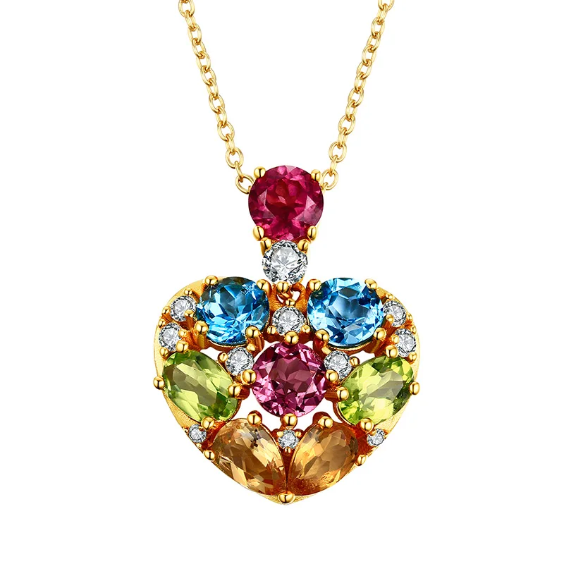 

100% Real 925 Sterling Silver Heart Pendant Neckace Colorful Gemstone Natural Pyrope Topaz Peridot Citrine Pendants & Necklaces