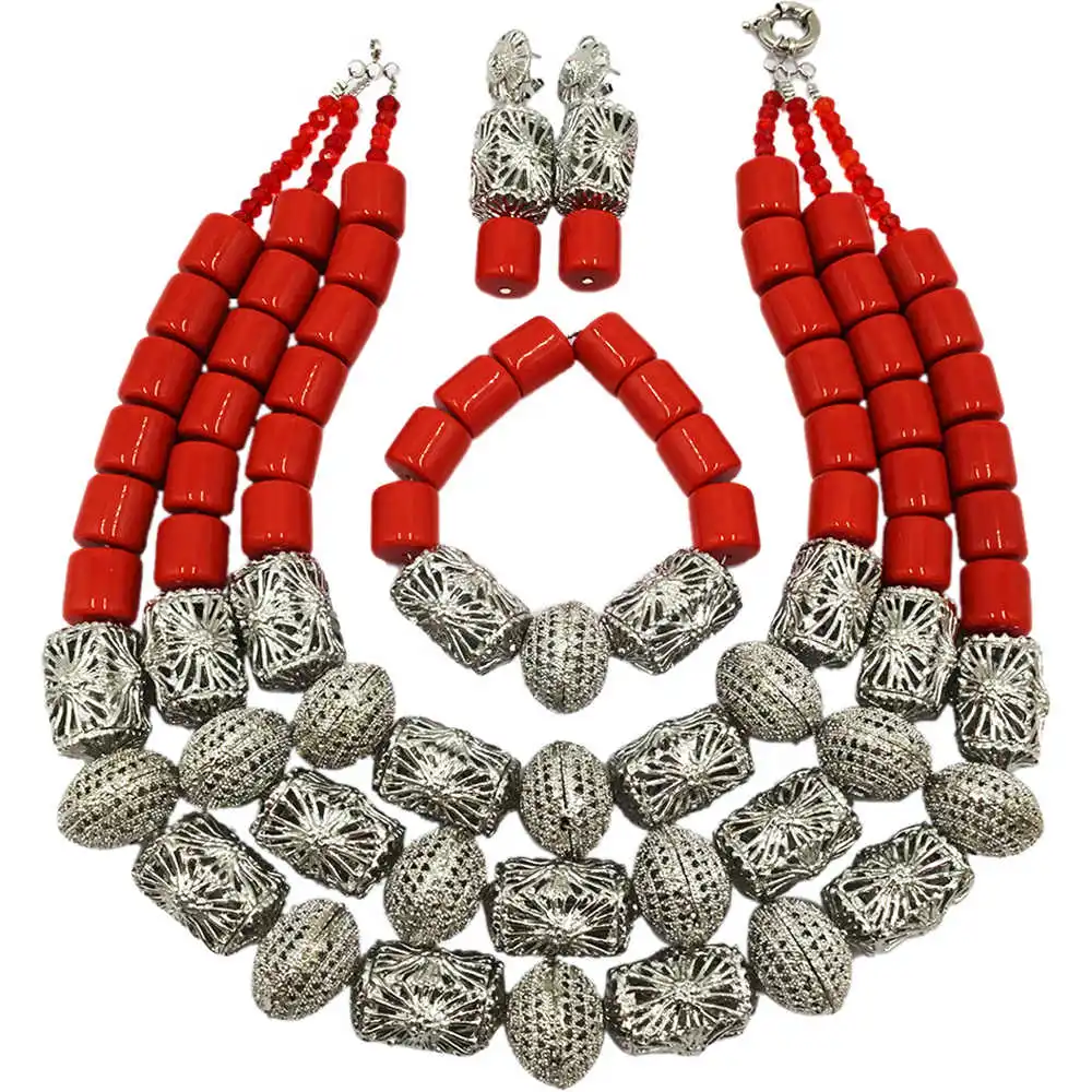 

Fashion Orange Artificial Coral Dubai African Beads Jewelry Set Nigerian Costume Necklace Bridal Wedding Jewelry Sets FSH-007