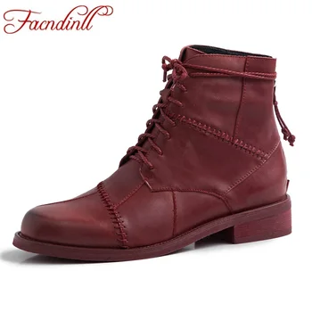 

FACNDINLL genuine leather women boots 2019 autumn winter warm ankle boots med heel zipper black wine red motorcycle riding boots