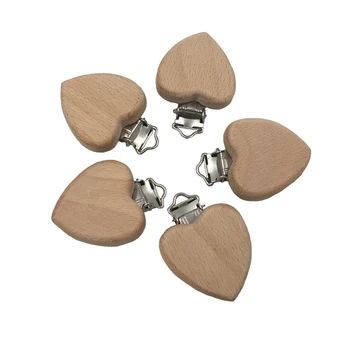 

5PCs DIY Baby Pacifier Clips Beach Heart Pattern Natural Color Wood Metal Holders Clasps Infant Dummy Clips Accessories