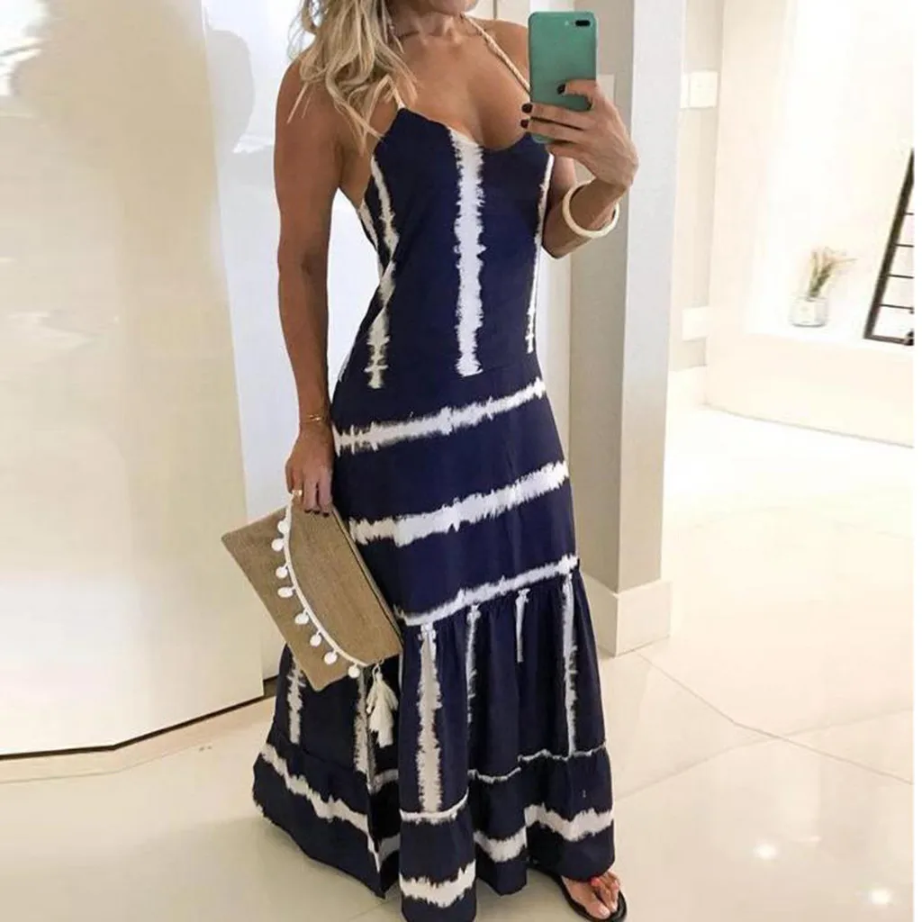 

Womail Dress Women Casual Sling Sleeveless Boho Striped Printed V-Neck Holiday Dress Long Dresses For Women Elegant Jun 1