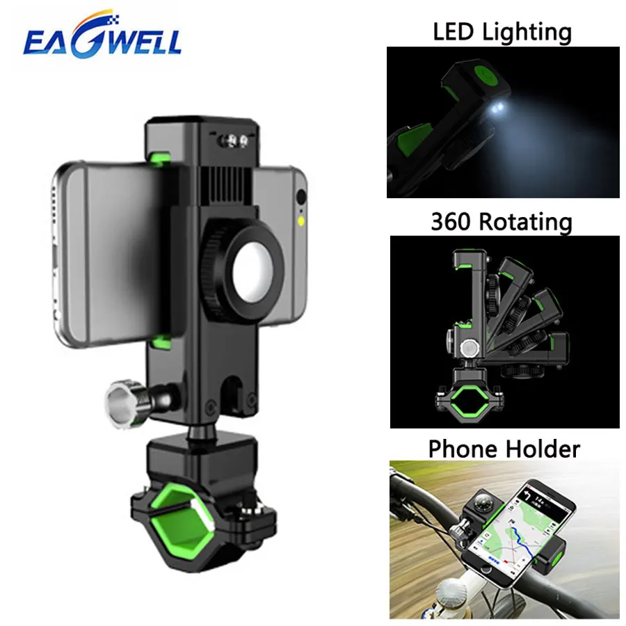 

Universal Bicycle Motorcycle Phone Holder Stand With LED Light Bike Handlebar Mount Rotating Holder for iPhone Samsung Xiaomi
