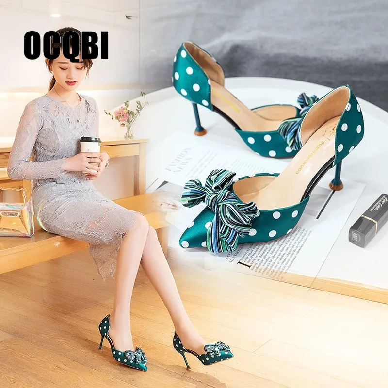 Elegant Girls' Cotton Farbic Sandals High Heels Women Bowknot Polka Dots Summer Female Sexy Stiletto High Heels Bridesmaid Shoes