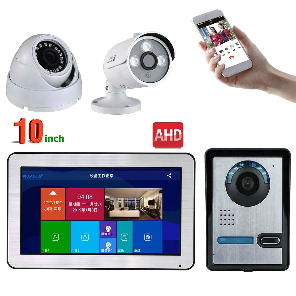 

MOUNTAINONE 10 inch Wired Wifi Video Door Phone Doorbell Intercom Entry System and 2CH AHD Security Camera,Support Remote APP