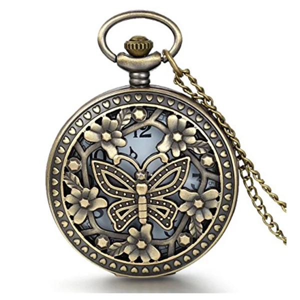 

Retro Bronze Butterfly Flower Openwork Cover Pocket Quartz Watch with 31.5 Inch Chain