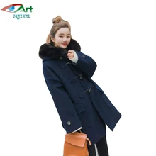 JQNZHNL 2017 New Fall Winter Women Loose Wool Coats Big Fur Collar Horns Buckle Medium Long Casual Woolen Jackets Overcoats E525