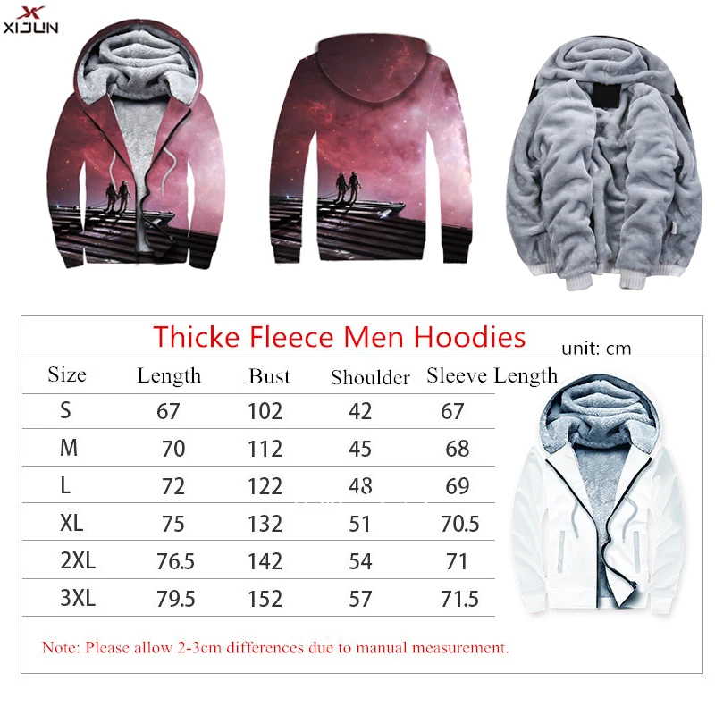 Xijun US SIZE Space 3D Hoodies Sweatshirts Men Winter Double Fleece Hoody Coat Men's Zipper Jackets harajuku Tracksuits Men