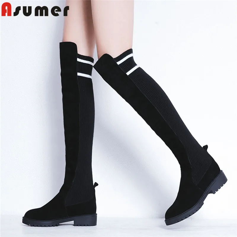 

ASUMER 2020 new ladies over the knee boots round toe low heels shoes women boots autumn winter knitting+ suede leather boots